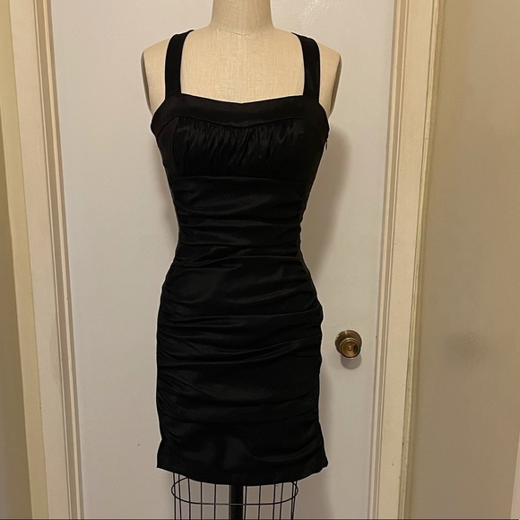 Black Ruched Taffeta Cocktail Dress - Picture 2 of 5